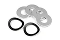 A set of four flat silver metal washers and two black wavy spring washers for HPI Baja RC vehicles.
