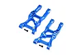 Two blue anodized aluminium RC front suspension arms with included black screws on a white background.