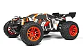 Maverick Quantum2 XT 1/10 scale RC stadium truck in orange, white, and black livery, featuring large off-road tires and a rear wing.