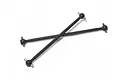 Two black metal RC drive shafts with universal joints at each end, crossed over each other on a white background.
