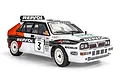 A 1/10 scale RC Lancia Delta HF Integrale rally car with Repsol livery, featuring white bodywork, racing decals, and white multi-spoke wheels.