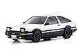 Kyosho Mini-Z Toyota Sprinter Trueno AE86 Initial D RC drift car in white and black panda livery on a white background.