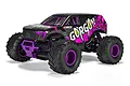 ARRMA GORGON 1/10 scale 2WD RC monster truck in purple and black with aggressive tread tires and custom decals on a white background.