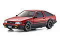 Kyosho Mini-Z Toyota AE86 Corolla Levin RC drift car in red and black, viewed from a front three-quarter angle on a white background.