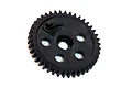 A black plastic RC spur gear with a central hole and several smaller holes around it, isolated on a white background.