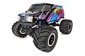 Team Associated MT12 Monster Van RC monster truck with a black, purple, and blue paint scheme on a white background.