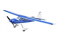 E-Flite Valiant 1.3m RC plane in blue and white livery, viewed from a high angle against a white background.