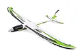 E-Flite UMX Conscendo RC glider plane in white with green and black trim, viewed from a high angle against a white background.