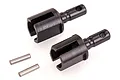 Two black metal differential drive cups and two small steel pins for an RC car, isolated on a white background.