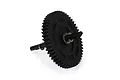 A black RC spur gear mounted on a metal shaft against a white background.