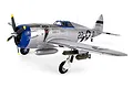 E-Flite P-47 Razorback 1.2m RC warbird model in silver livery with Kansas Tornado II nose art, blue cowl, and landing gear deployed.