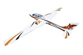 FMS Fox Aerobatic 3m Glider RC plane in white with orange and black fox-themed decals, shown from a high-angle perspective against a white background.