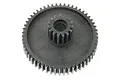A black plastic idler gear with a large outer gear and a smaller inner gear, designed for an RC vehicle transmission.