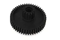 A black plastic idler gear for an RC car, featuring a larger gear and a smaller gear integrated on the same shaft.