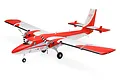 E-Flite DHC-6 Twin Otter 1.4m RC plane in red and white livery, featuring dual propellers and tricycle landing gear against a white background.