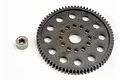 A grey 72-tooth spur gear and a small metal hexagonal spacer on a white background.