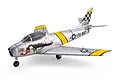 E-Flite UMX F-86 Sabre RC jet model in silver with 'The Huff' dragon nose art, yellow stripes, and checkered tail markings on a white background.