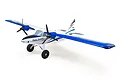 E-Flite Twin Timber RC plane in white and blue livery, featuring dual propellers and large tundra-style landing gear on a white background.