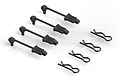 Four black rubber body pin retainers and four matching black metal body clips arranged on a white background.