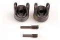 Two black plastic differential output yokes and two metal pins on a white background.