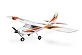 E-Flite Apprentice STS 1.5m RC trainer plane in white with orange and black trim, featuring a high-wing design and tricycle landing gear.