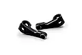 Two black anodized aluminium front steering hubs for RC cars, featuring machined silver edges and multiple mounting holes.