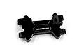 A black anodized aluminium front bulkhead for an RC car by Yeah Racing, featuring machined edges and the brand logo.