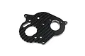 A black anodized aluminium motor mount plate by Yeah Racing with machined cooling fins and mounting holes.