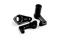 Three black anodized aluminium steering assembly parts for an RC car, featuring silver chamfered edges and the Yeah Racing logo.