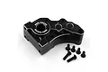 A black anodized aluminium gearbox case for RC cars by Yeah Racing, shown with five matching black screws on a white background.