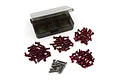 Yeah Racing screw kit featuring red anodized aluminium screws and silver titanium screws with a plastic storage box on a white background.