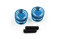 Two blue anodized aluminium twist nuts with silver accents and two black threaded grub screws on a white background.
