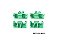 Four green anodized aluminium lower shock mounts from GPM Racing arranged in a grid on a white background.