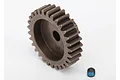 A steel 1-module pinion gear for RC cars, shown with a small grub screw with blue thread locker.