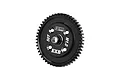 A black GPM Racing 50T 1Mod spur gear for RC cars, featuring a central hub and four mounting holes, isolated on a white background.