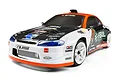 HPI Sport 3 Nissan Silvia S15 RC drift car with white, black, and orange livery, featuring Feal Suspension branding and white wheels.