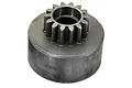 A grey metal 14-tooth clutch bell for an RC nitro engine against a white background.