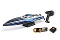 Pro Boat Sonicwake 24-inch blue RC speed boat with a transmitter, LiPo battery, and charger on a white background.