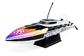 Pro Boat Recoil 2 Heatwave 18-inch RC speed boat in white, black, and sunset gradient colors on a black display stand.