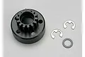 A black Traxxas 14T 1Mod nitro engine clutch bell with two E-clips and a washer on a light grey background.