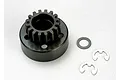 Traxxas 15T 1Mod nitro engine clutch bell with included washer and E-clips on a white background.