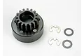A black 16-tooth nitro engine clutch bell with two E-clips and two washers on a white background.