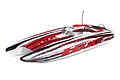 Pro Boat Blackjack 42-inch catamaran RC speed boat in red, white, and black livery, viewed from a high-angle front perspective.