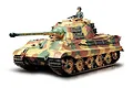 A 1/16 scale Tamiya King Tiger RC tank model with a camouflage paint scheme and a tank commander figure in the turret.