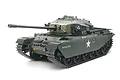 A studio shot of a 1/16 scale Tamiya British Centurion Mk.III RC tank model, painted in olive green with white star and text markings on a white background.