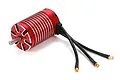 A red and silver Dynamite Fuze brushless RC motor with three black wires and gold bullet connectors against a white background.