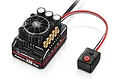 Hobbywing XeRun XR8 Plus brushless ESC featuring a black cooling fan, gold-plated connectors, and a separate power switch module on a white background.