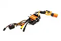 Spektrum Firma 120A Brushless Smart Marine ESC with orange heatsink, water cooling tubes, and pre-soldered connectors on a white background.