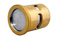 A brass-coloured nitro engine cylinder sleeve with a silver-coloured piston inside, isolated on a white background.