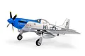 E-Flite P-51D Mustang Cripes A'Mighty 3rd RC plane in silver and blue livery, featuring a four-blade propeller and landing gear on a white background.